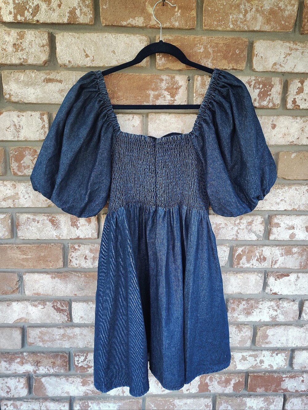 Entro Denim Babydoll Mini Dress M Blue Scalloped Neck Puff Bubble Sleeve Pockets - Picture 9 of 9